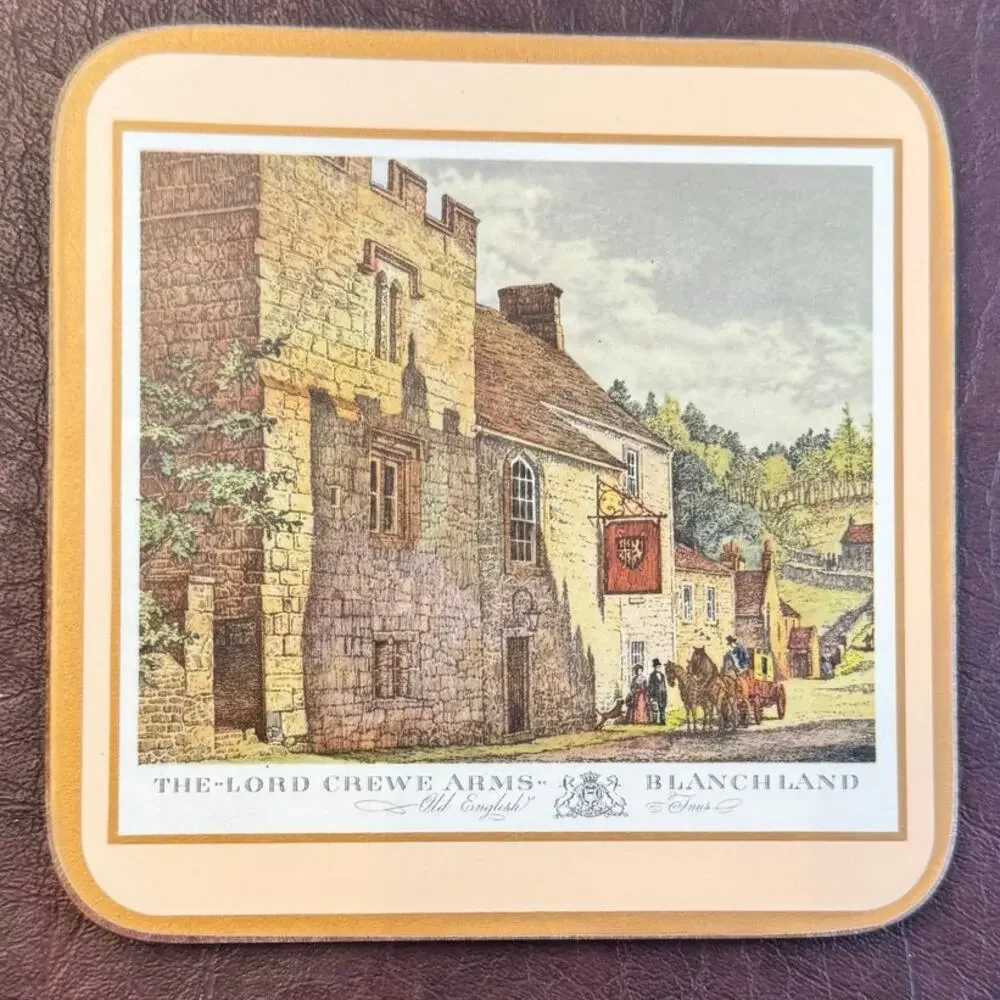 Vintage Pimpernel Coasters English Village Inns Cork Backed Set of 6 w/ Box